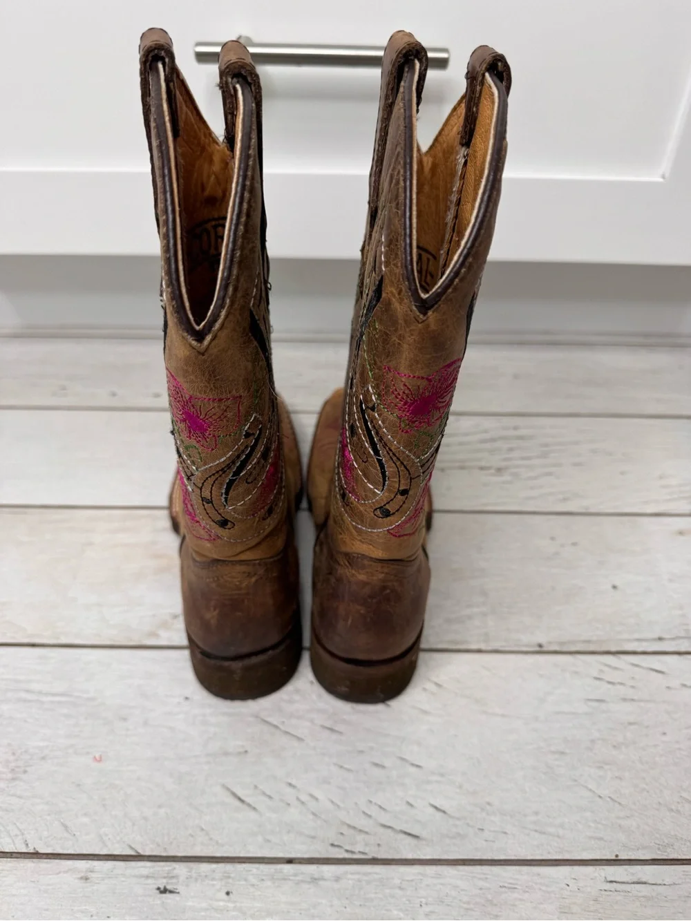 Corral Teens A0007 Western Brown Leather Floral Square Toe Boots Teen Sz 3 T